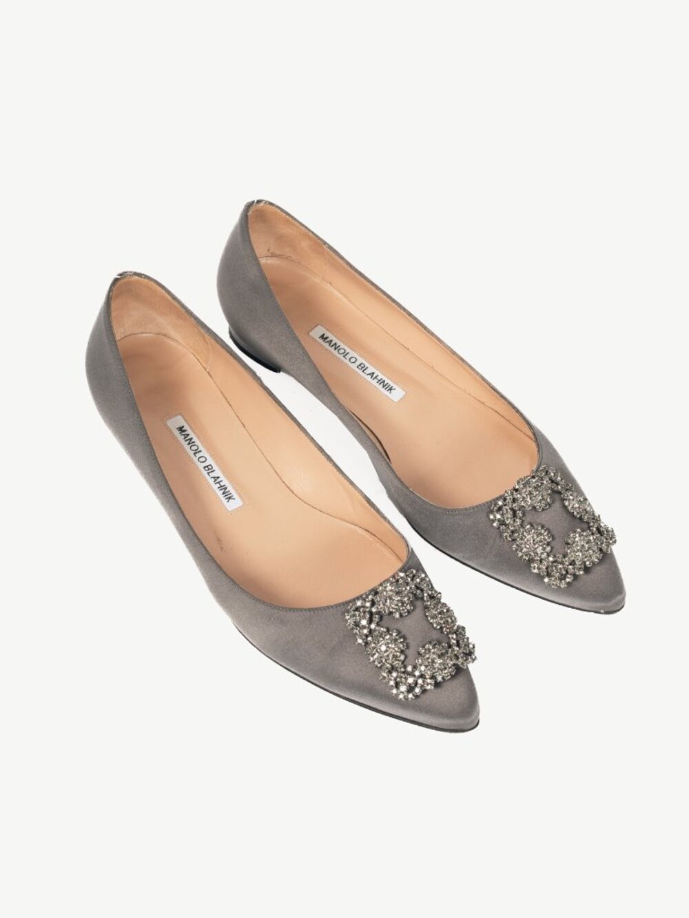 Manolo Blahnik Hangisi Grey Satin Jewel-Buckle Flats